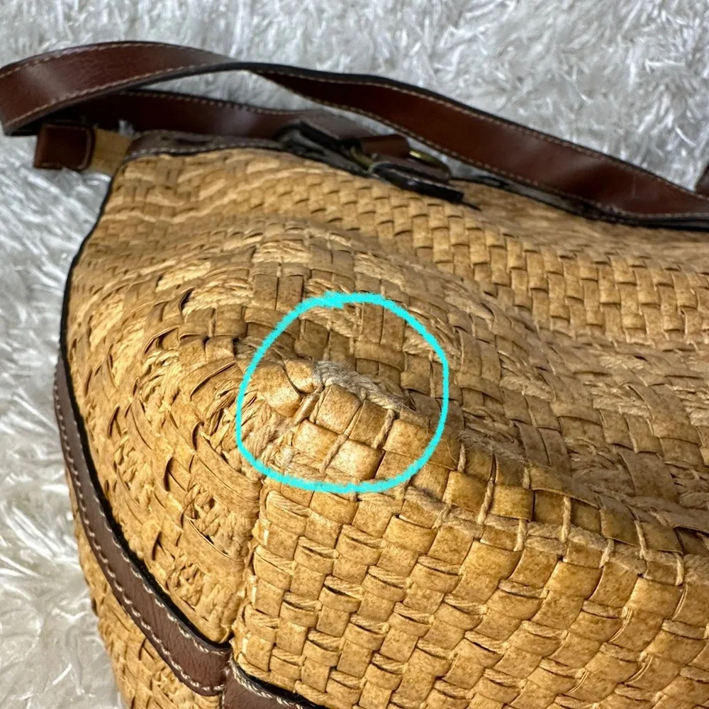Fossil Woven Tan Straw Brown Leather Trim Tote Shoulder Bag - NWOT - Picture 6 of 7